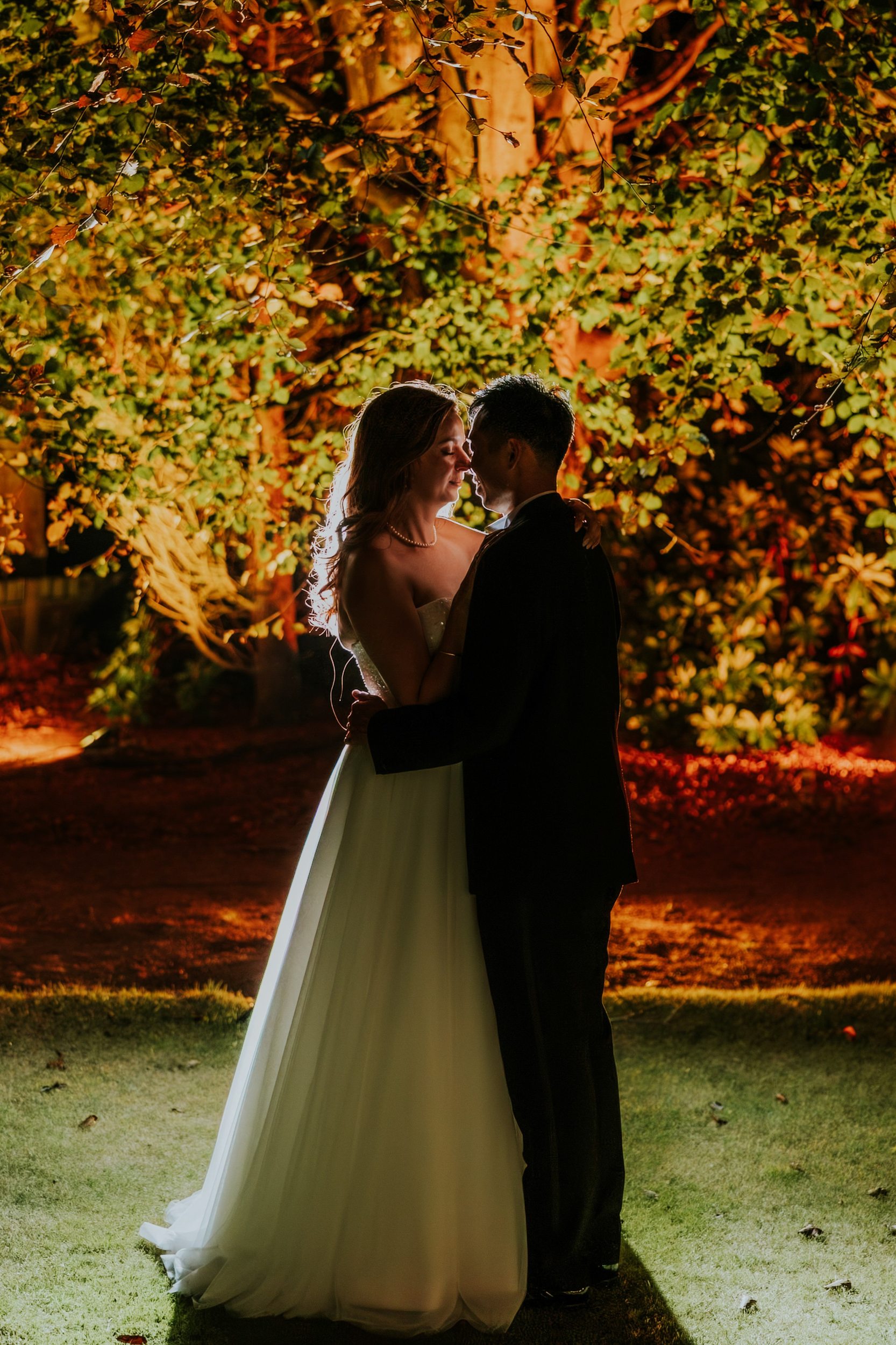 Emma and Gordon embracing beneath illuminated trees on the lawn at Lochgreen House Hotel.